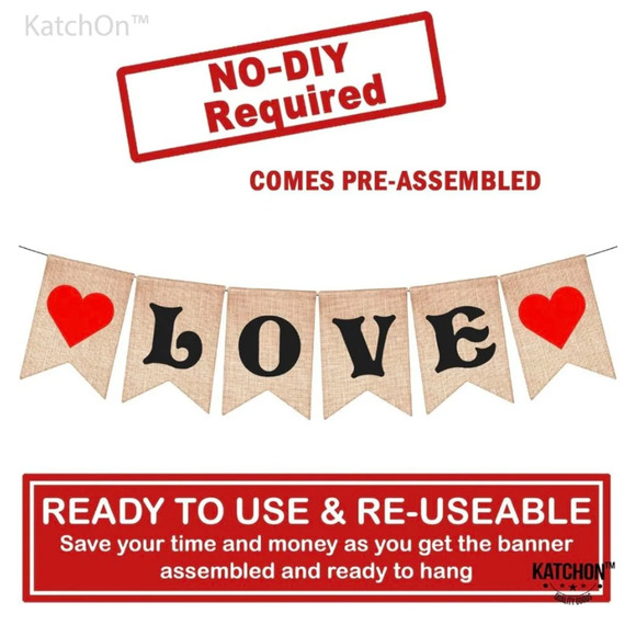 KatchOn Burlap Valentine Banner,‎ 7x5 Inch, Beige & Red - Picture 5 of 8